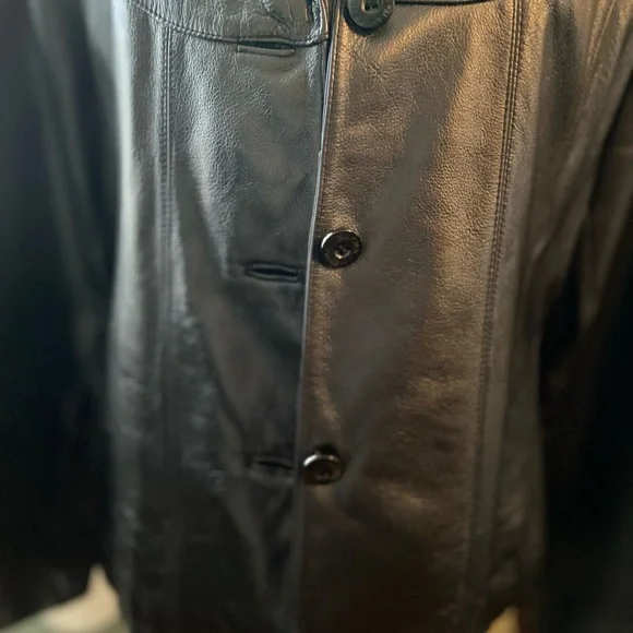 Black genuine leather blazer style button front jacket - Picture 2 of 9